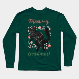 Meow-y Christmas! - Black Fluffy Cat Long Sleeve T-Shirt